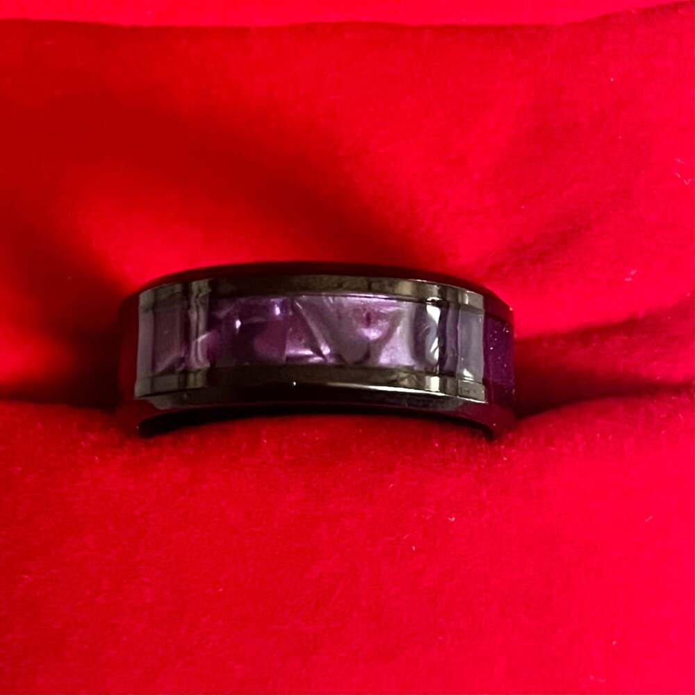 Black Tungsten Ring with Purple Cypraea Tigris Inlay 8mm Band Size 9-Unisex